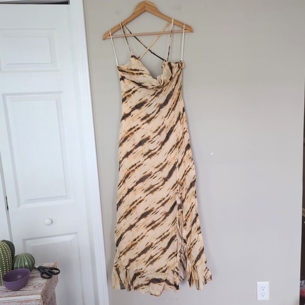 Exquise NWT Mira Chiffon Tan Brown Neutral Striped Maxi Dress Small - Picture 2 of 14